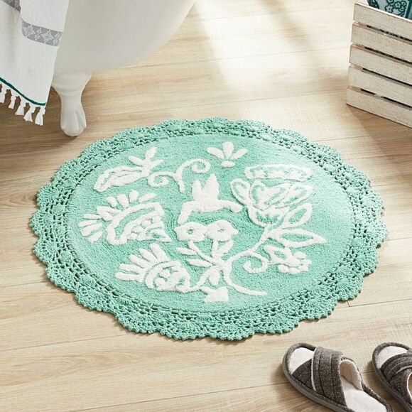 🦋 New Pioneer Woman Mazie Floral Crochet Round Cotton Bath Rug, Mint, 24" x 24" - Picture 4 of 6